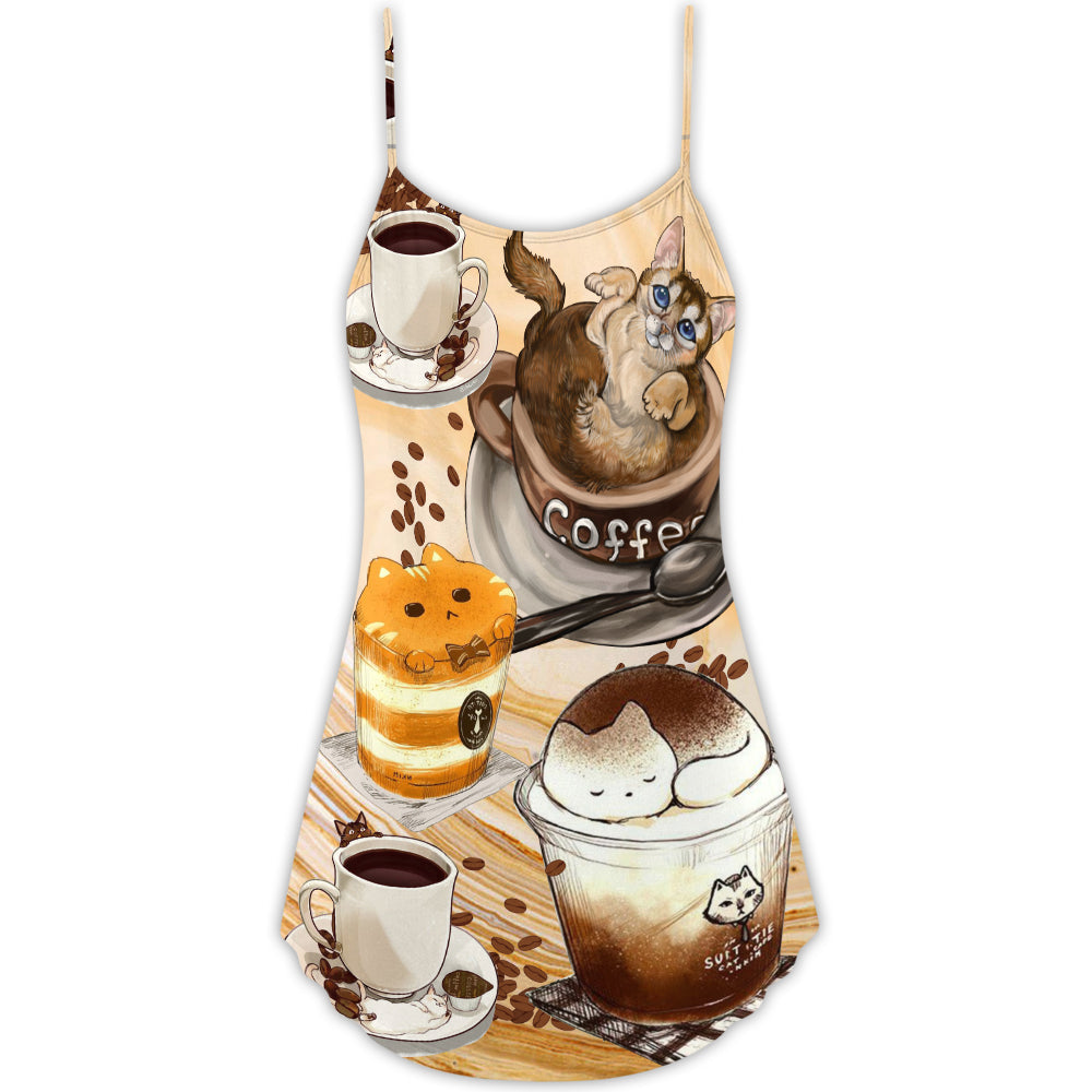 Cat Coffee Lover Quote V-Neck Sleeveless Cami Dress For Food Lovers Festivals And Relaxed Warm Weather Style