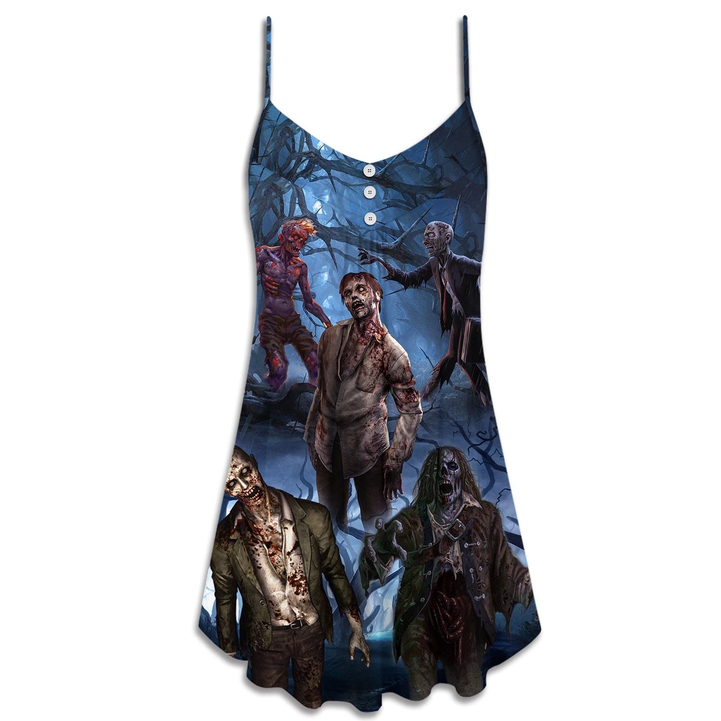 Halloween Zombie Dark Scary V-Neck Sleeveless Cami Dress For Summer Vacations Festivals And Casual Everyday Wear