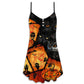 Halloween Owl Pumpkin Scary V-Neck Sleeveless Cami Dress For Vacations And Casual Warm Weather Wear
