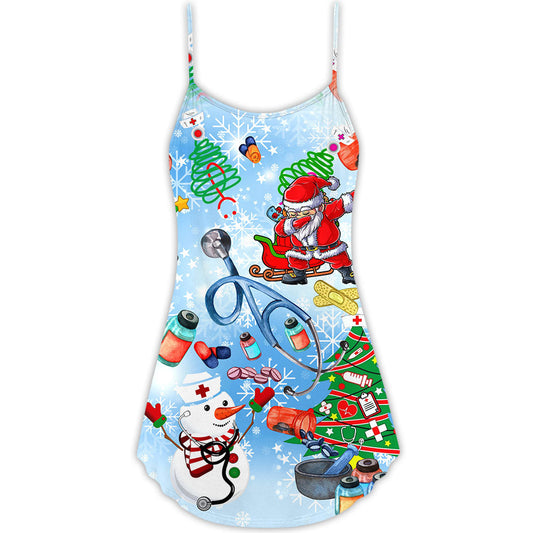 Nurse Love Santa Merry Christmas Snow V-Neck Sleeveless Cami Dress For Festive Events And Casual Summer Styling