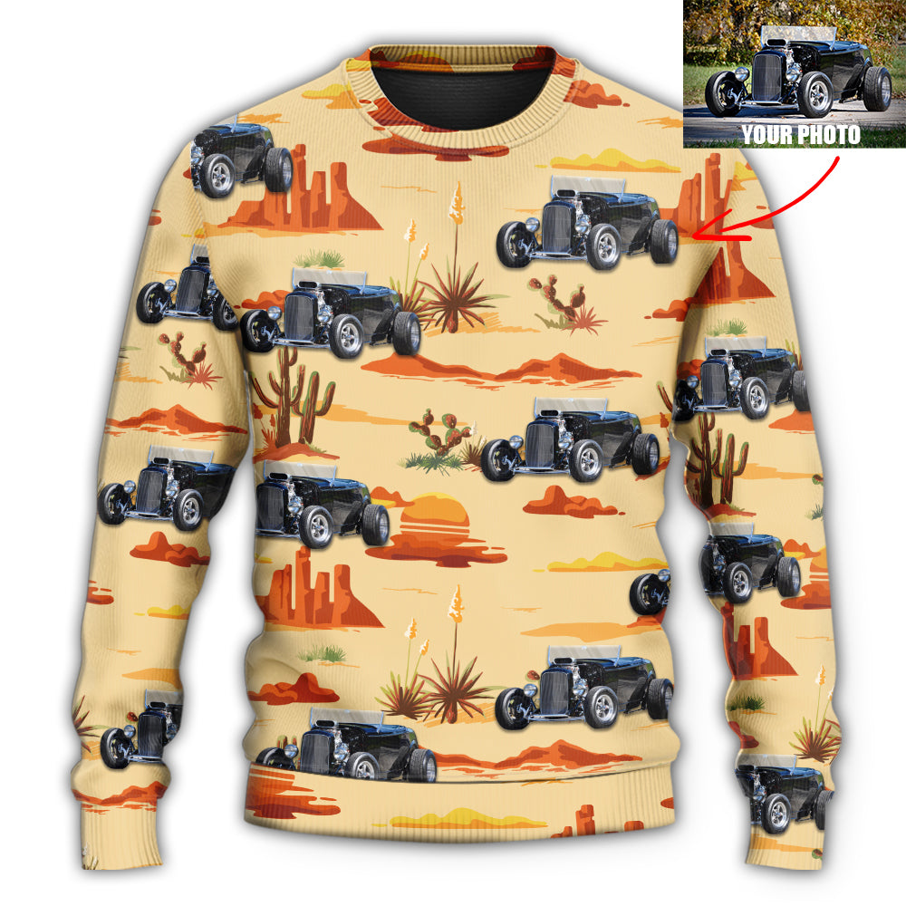 Hot Rod Vintage Cowboy Landscape Sweater For Automotive Fans Travel Events And Relaxed Casual Wear