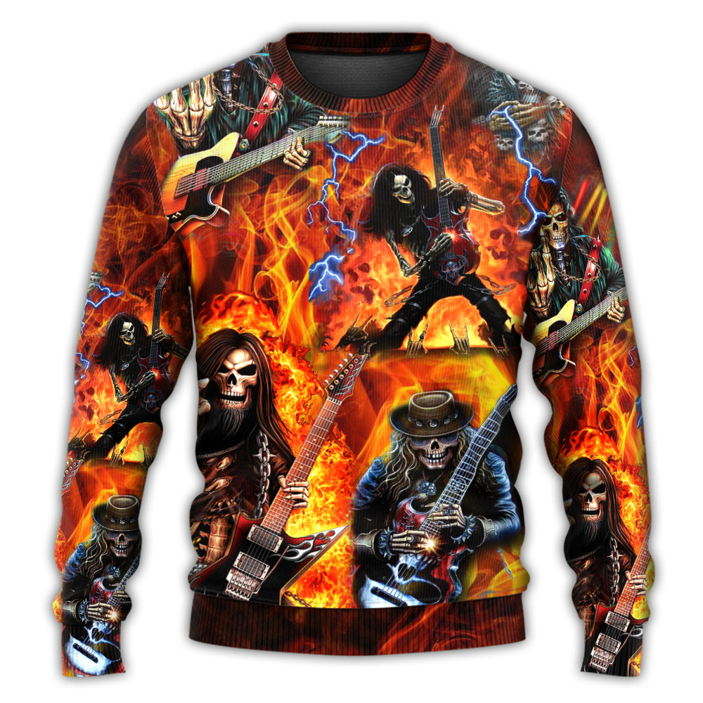 Guitar Skull Fire Hot Sweater For Fantasy Fans Casual Outings And Weekend Adventures