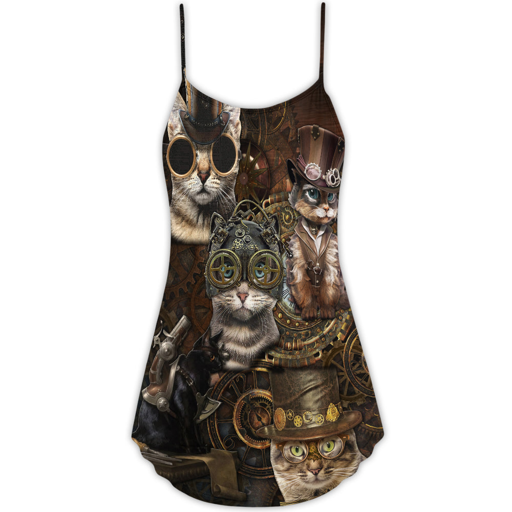 Steampunk Vintage Cat Style V-Neck Sleeveless Cami Dress For Summer Events And Comfortable Everyday Style