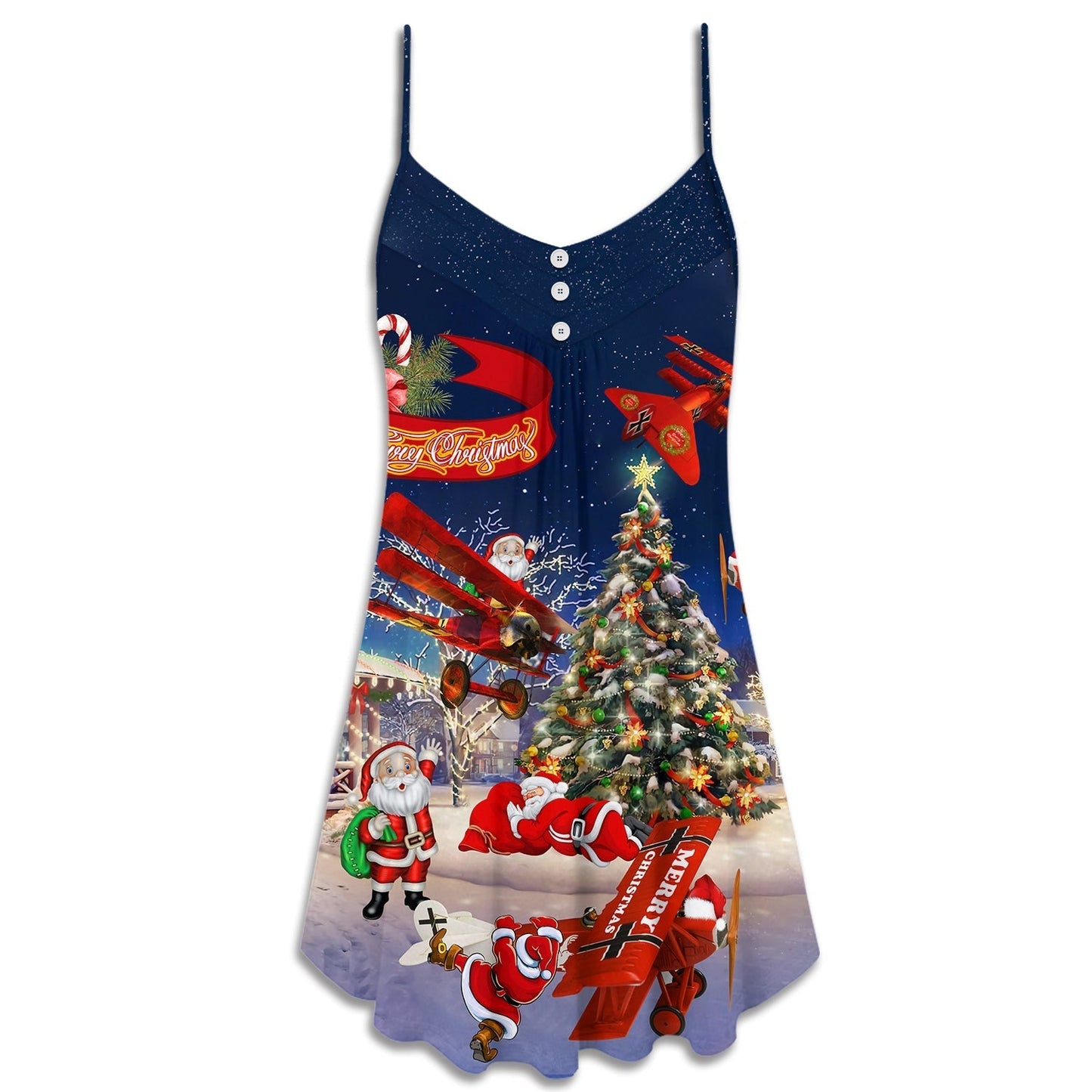 Christmas Santa Loves Airplane V-Neck Sleeveless Cami Dress For Festivals Travel And Relaxed Casual Summer Wear