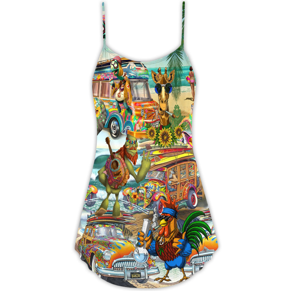 Hippie Funny Animals Beach Love V-Neck Sleeveless Cami Dress For Festivals Travel And Relaxed Casual Summer Wear