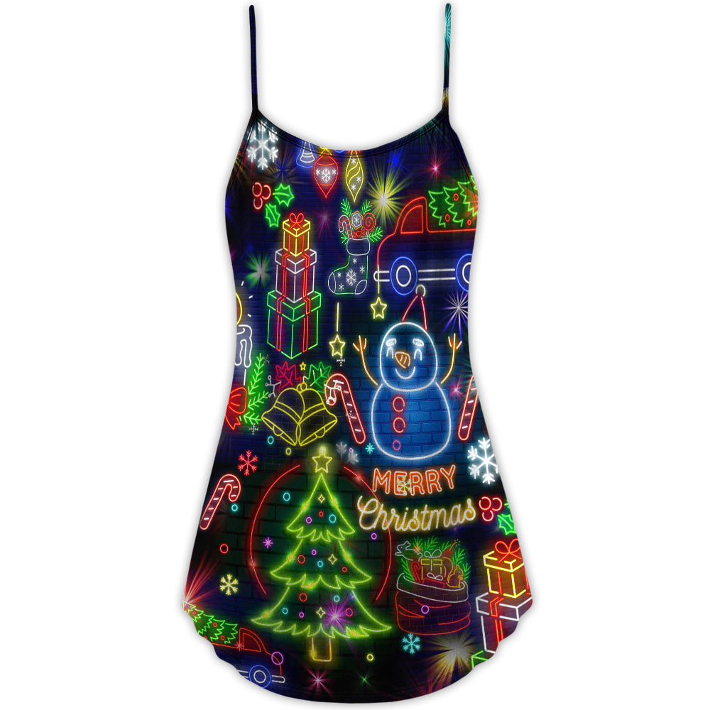 Christmas Bright Neon Lights V-Neck Sleeveless Cami Dress For Festive Events And Casual Summer Styling