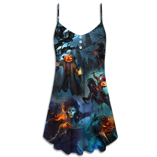 Halloween Skull Pumpkin Night – Women's Summer Sleeveless V-Neck Camisole Dress