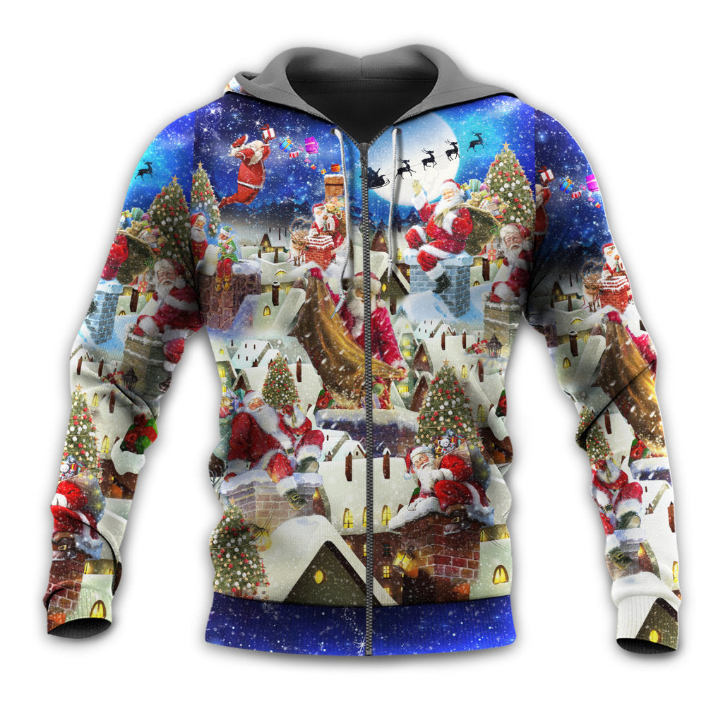 Christmas Rooftop Santa Reindeer Night Hoodie For Festive Streetwear Winter Outings And Christmas Celebrations