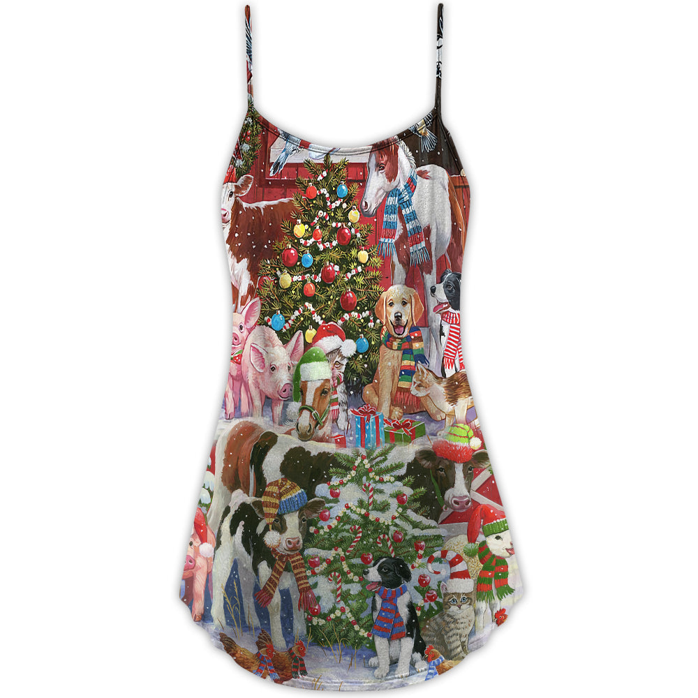 Christmas Farm Animals Happy Holiday – Women's Summer Sleeveless V-Neck Camisole Dress