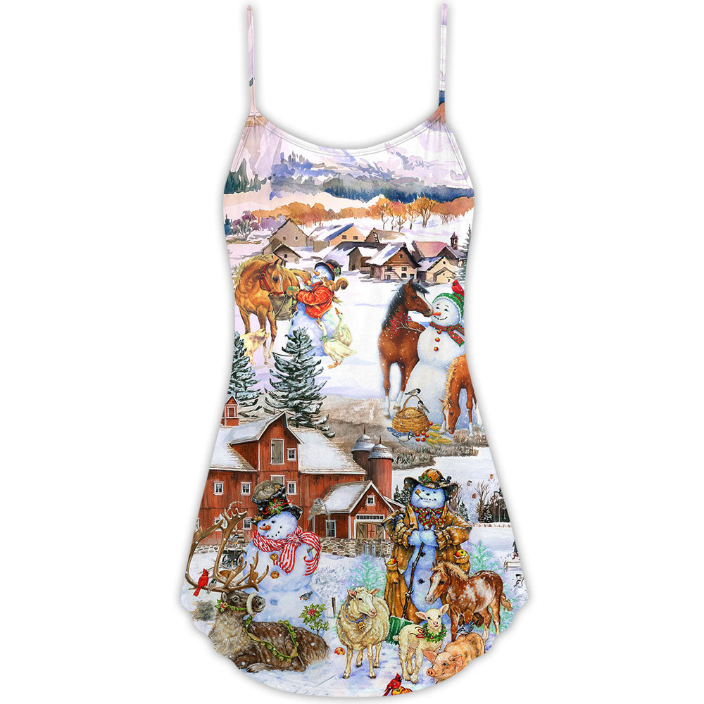 Christmas Love Horse And Farm V-Neck Sleeveless Cami Dress For Vacations And Casual Warm Weather Wear