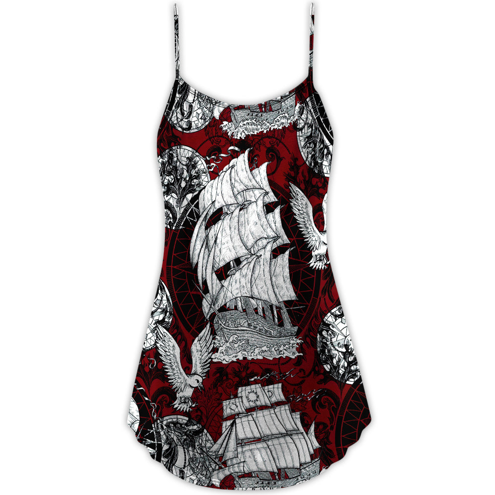 Vintage Sailing Ship Anchor Sea V-Neck Sleeveless Cami Dress For Festivals Travel And Relaxed Casual Summer Wear