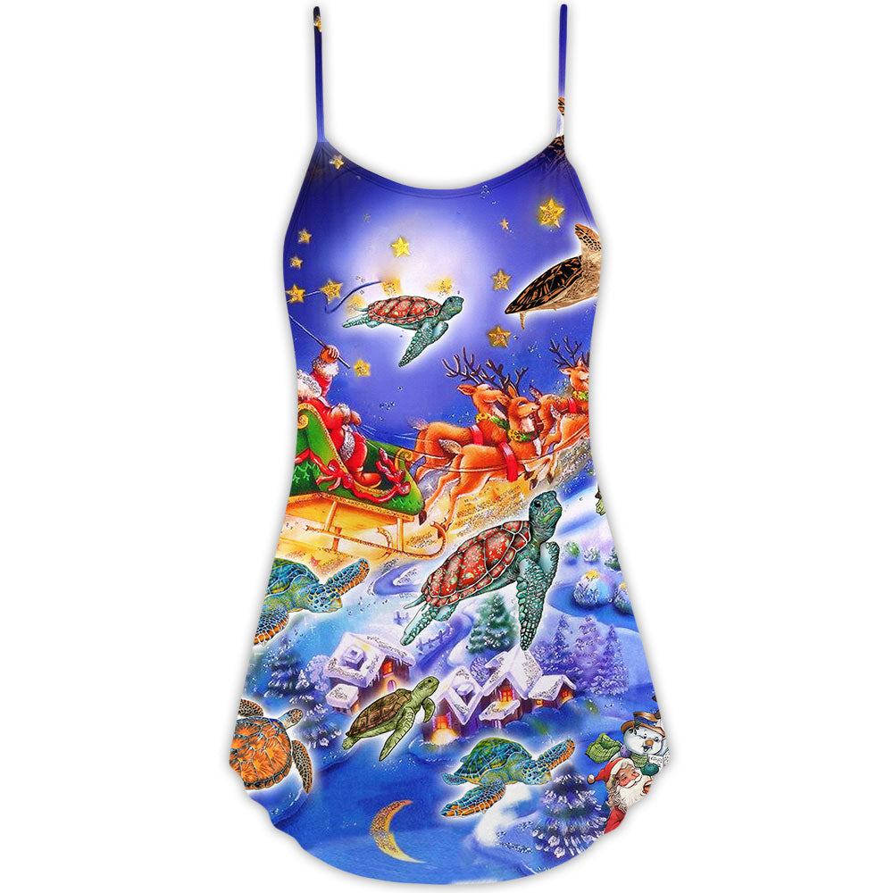 Turtle Santa Merry Christmas Snow V-Neck Sleeveless Cami Dress For Festive Events And Casual Summer Styling