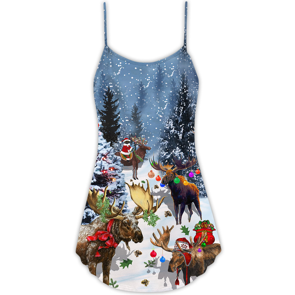 Christmas Moose Snow Holiday V-Neck Sleeveless Cami Dress For Festivals Travel And Relaxed Casual Summer Wear