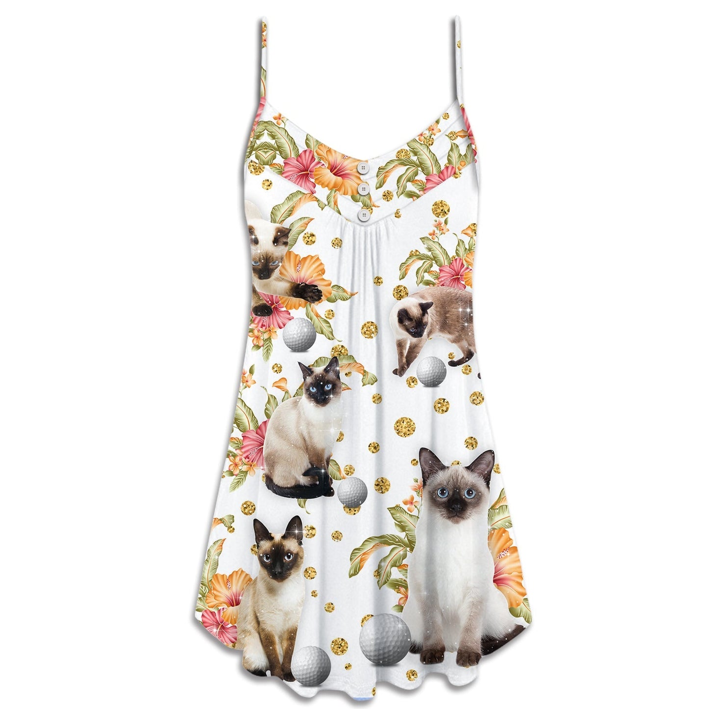 Cat Playing Golf Bling Flower V-Neck Sleeveless Cami Dress For Summer Events And Comfortable Everyday Style