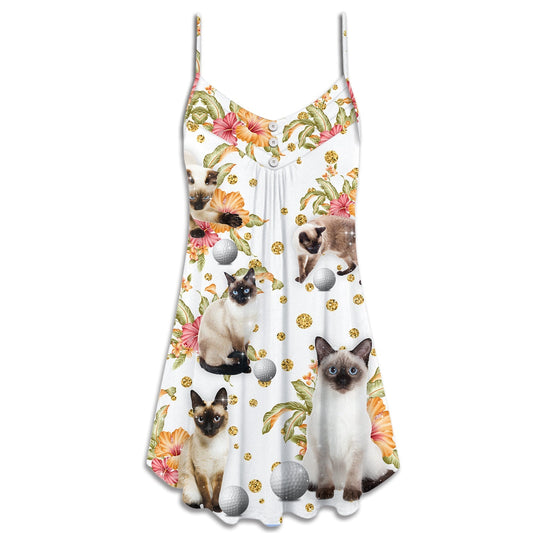 Cat Playing Golf Bling Flower V-Neck Sleeveless Cami Dress For Summer Events And Comfortable Everyday Style
