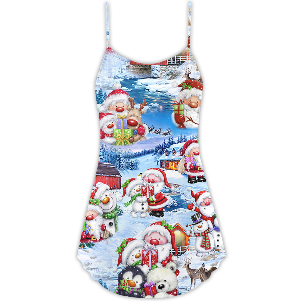 Santa And Snowman Holiday Village V-Neck Sleeveless Cami Dress For Summer Events And Comfortable Everyday Style