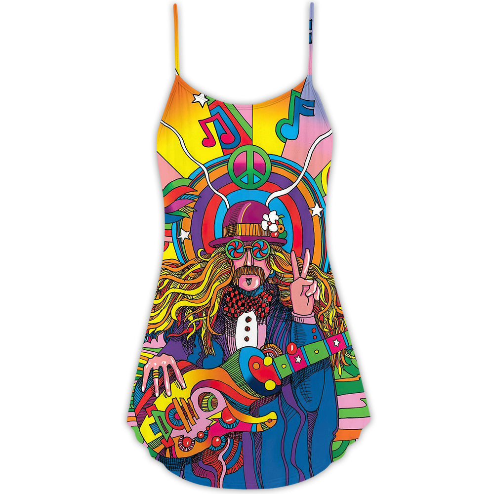 Hippie Rock Music Colorful V-Neck Sleeveless Cami Dress For Festivals Vacations And Relaxed Artistic Styling