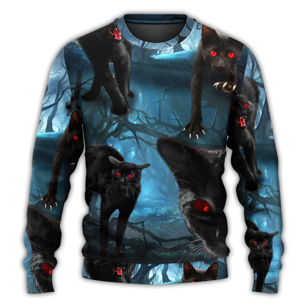 Halloween Black Cat Spooky Sweater For Art Lovers Holidays Parties And Comfortable Wear