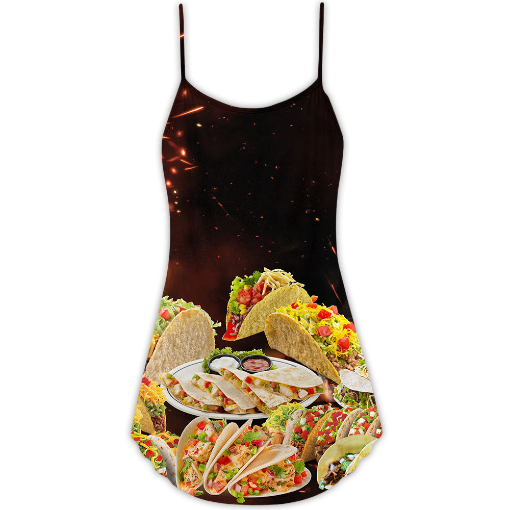 Tacos Fast Food Delicious V-Neck Sleeveless Cami Dress For Summer Vacations Festivals And Casual Everyday Wear