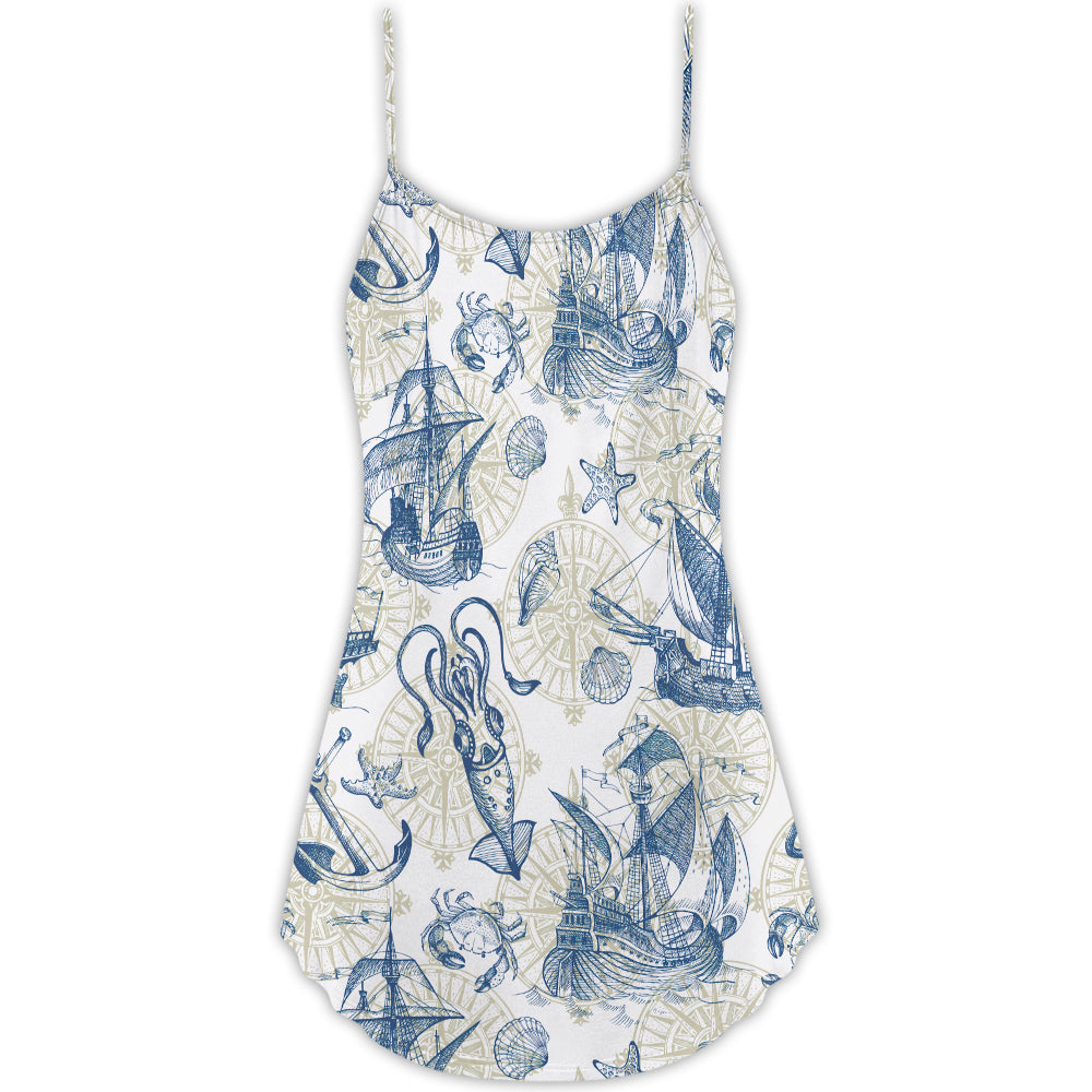 Ocean Life Vintage Sailboat Map V-Neck Sleeveless Cami Dress For Beach Trips And Relaxed Vacation Style