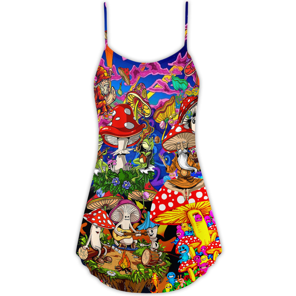 Hippie Mushroom Happy Together V-Neck Sleeveless Cami Dress For Vacations And Casual Warm Weather Wear