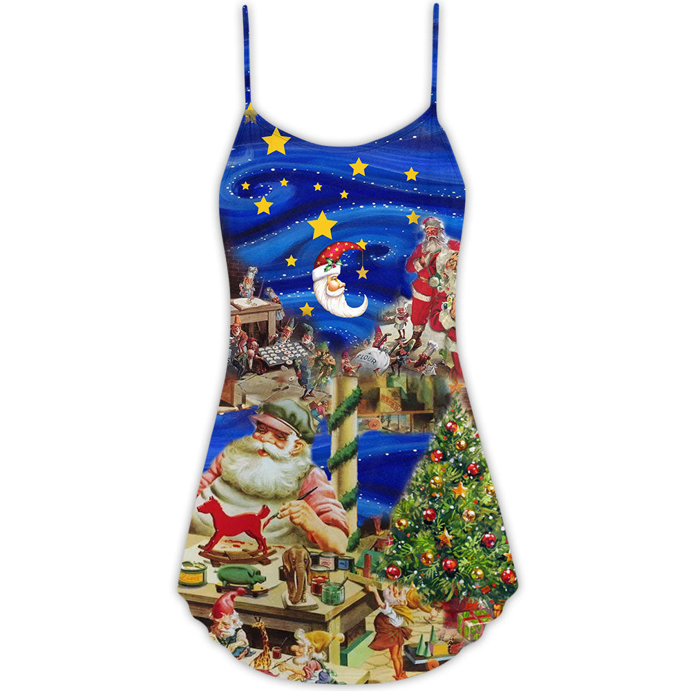 Christmas Santa Toy Workshop Theme V-Neck Sleeveless Cami Dress For Vacations And Casual Warm Weather Wear