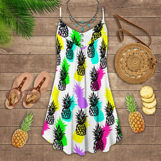 Colorful Pineapple Tropical Vibes – Women's Summer Sleeveless V-Neck Camisole Dress