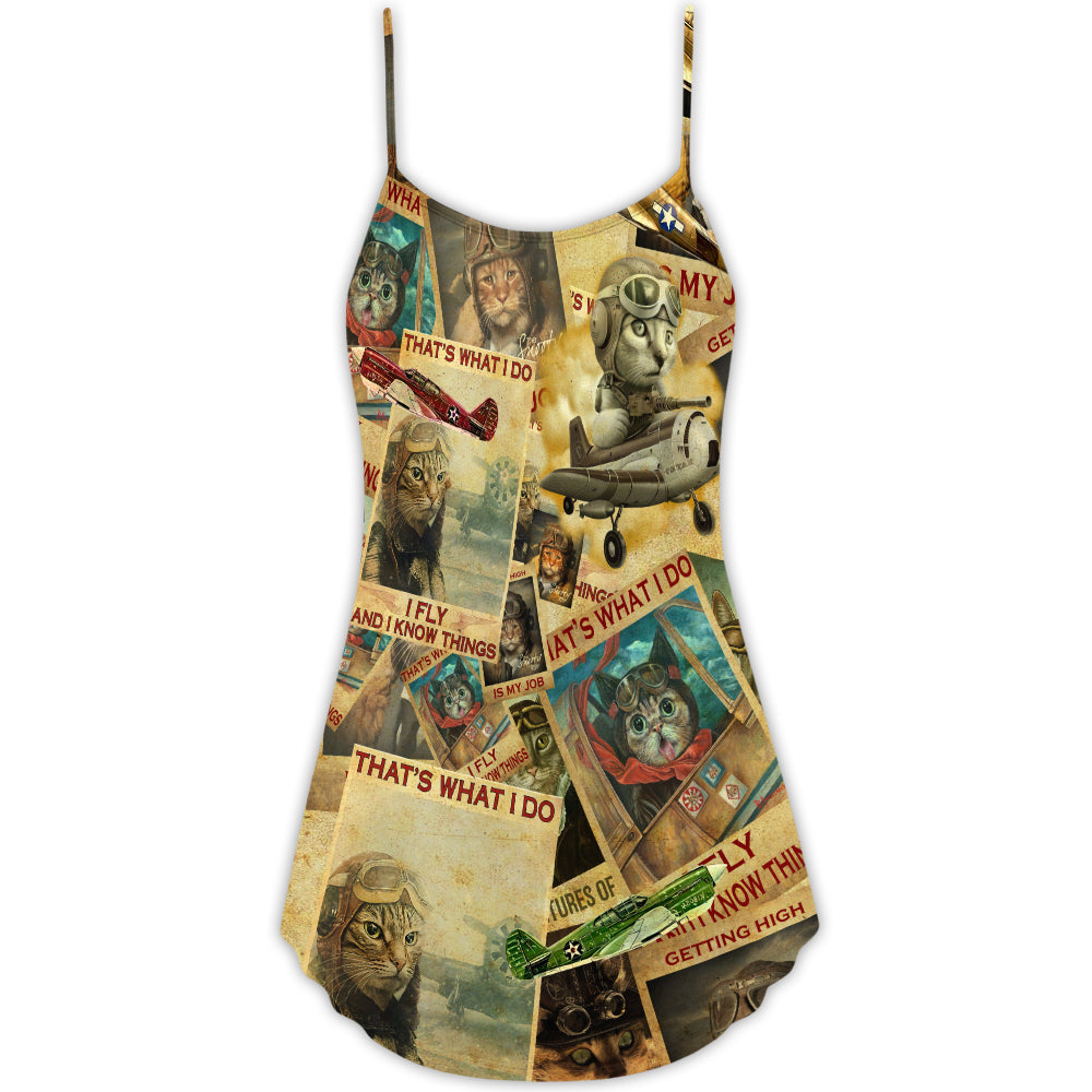 Vintage Pilot Cat Art V-Neck Sleeveless Cami Dress For Vacations And Casual Warm Weather Wear