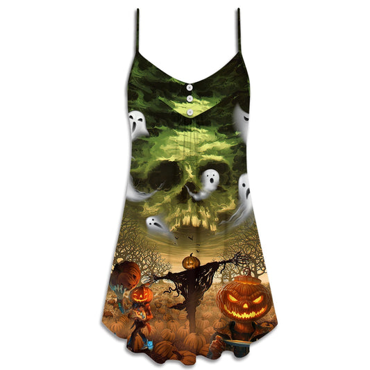 Halloween Crazy Pumpkin Ghost – Women's Summer Sleeveless V-Neck Camisole Dress