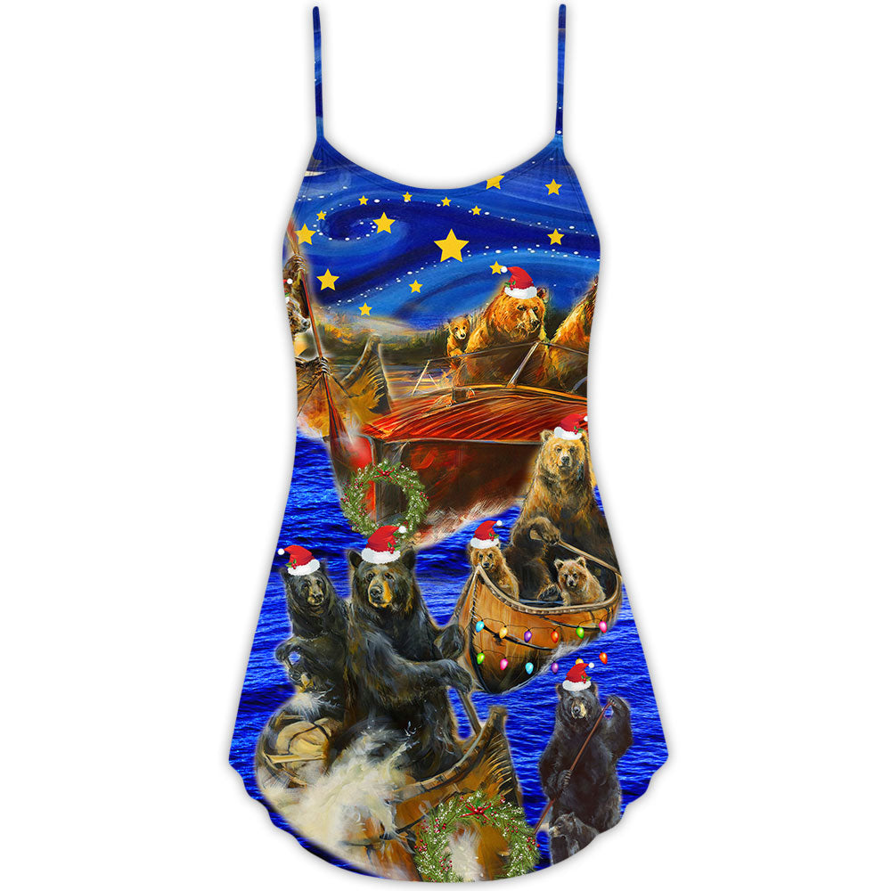 Bear And Boat Santa Merry Christmas Snow V-Neck Sleeveless Cami Dress For Vacations And Casual Warm Weather Wear