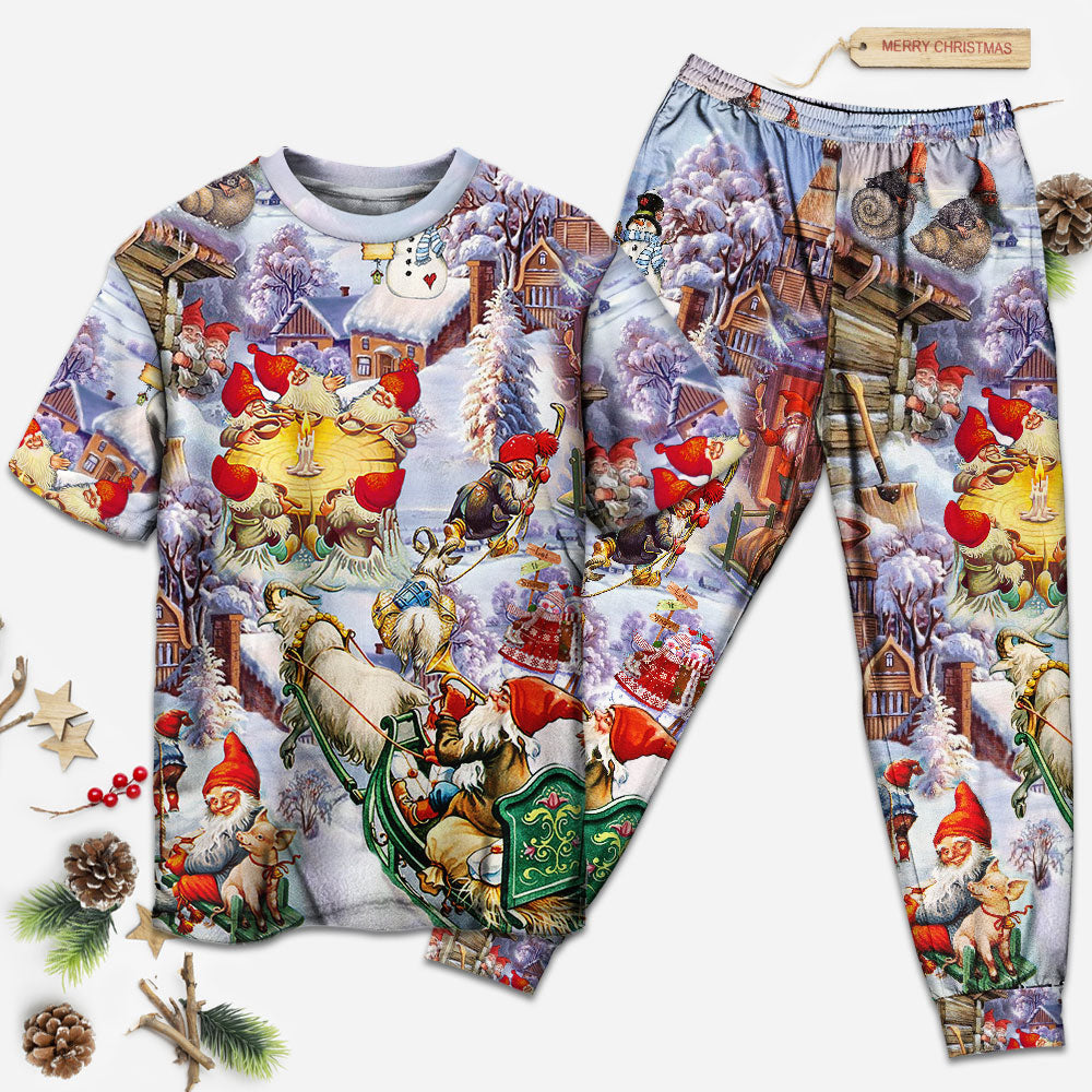 Santa And Christmas Gnomes Short Sleeve Pajamas Set For Holiday Bedtime And Cozy Home Wear