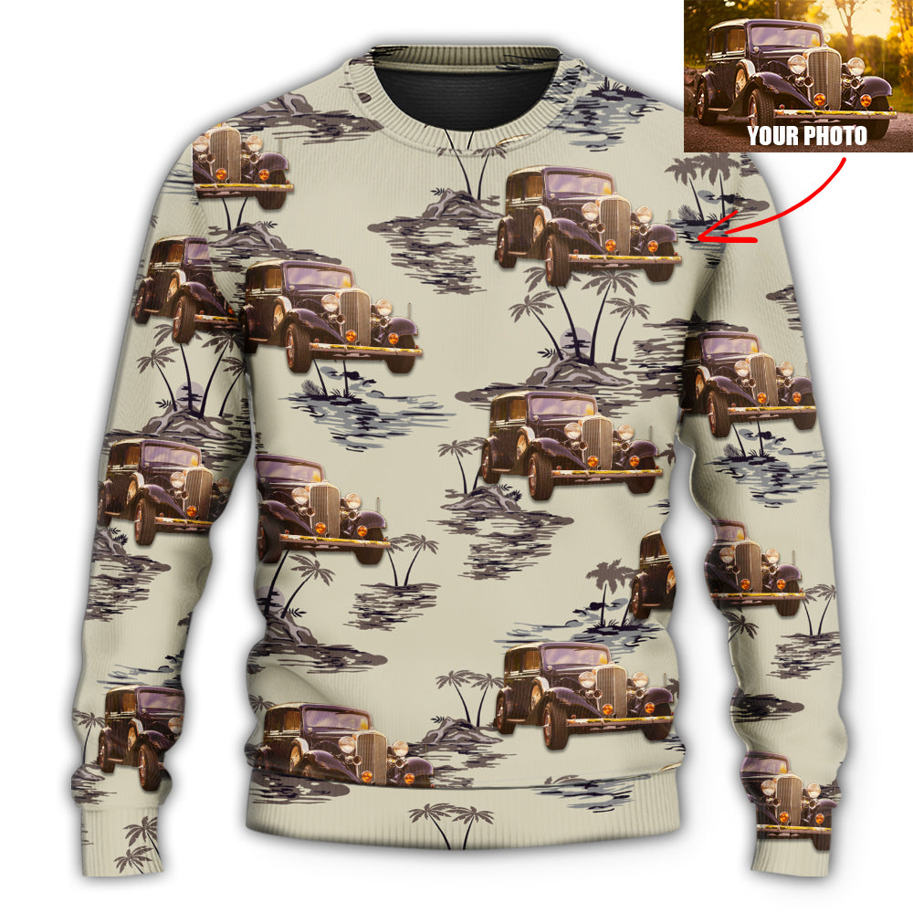 Vintage Car Tropical Island Palm Trees Sweater For Road Trips Weekend Gatherings And Thoughtful Gift Giving