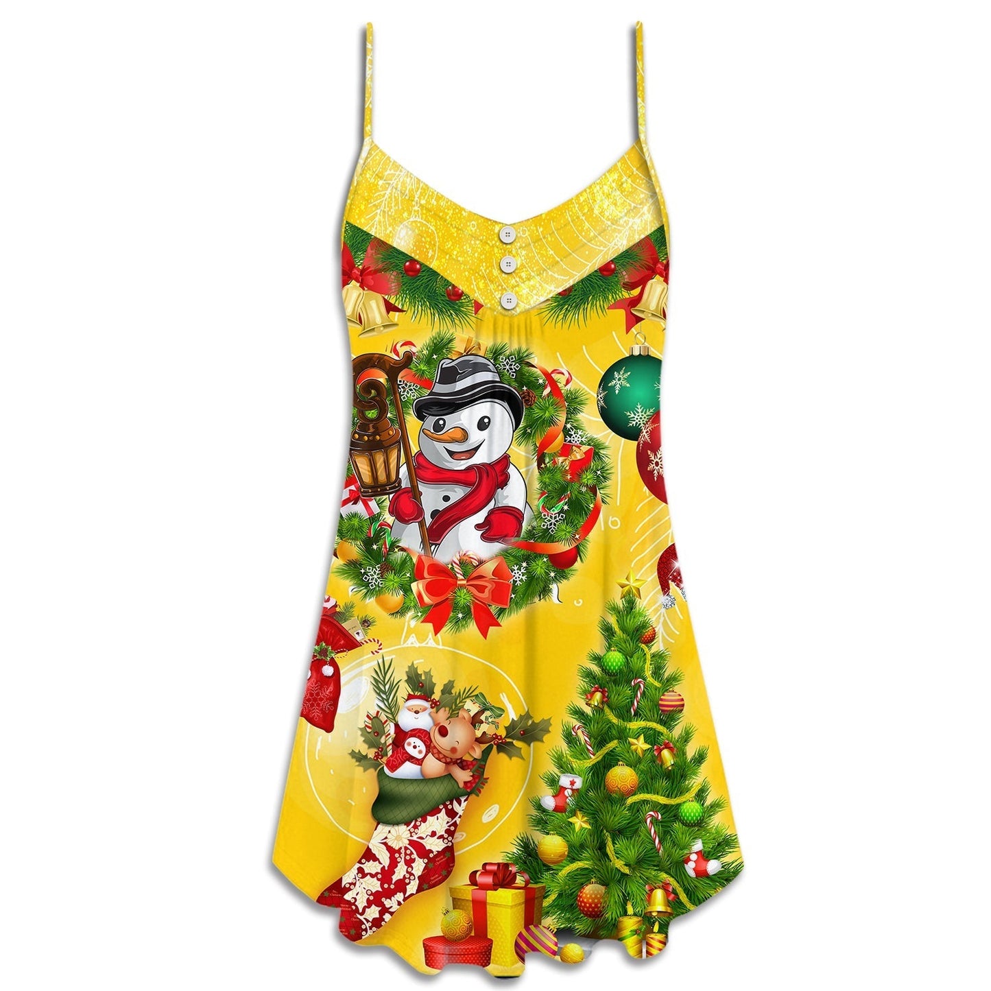 Funny Snowman Christmas Tree Lights V-Neck Sleeveless Cami Dress For Festive Events And Casual Summer Styling