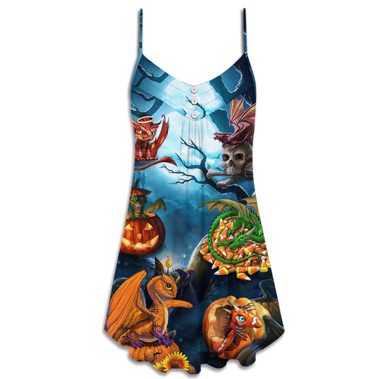 Halloween Dragon Pumpkin Night – Women's Summer Sleeveless V-Neck Camisole Dress