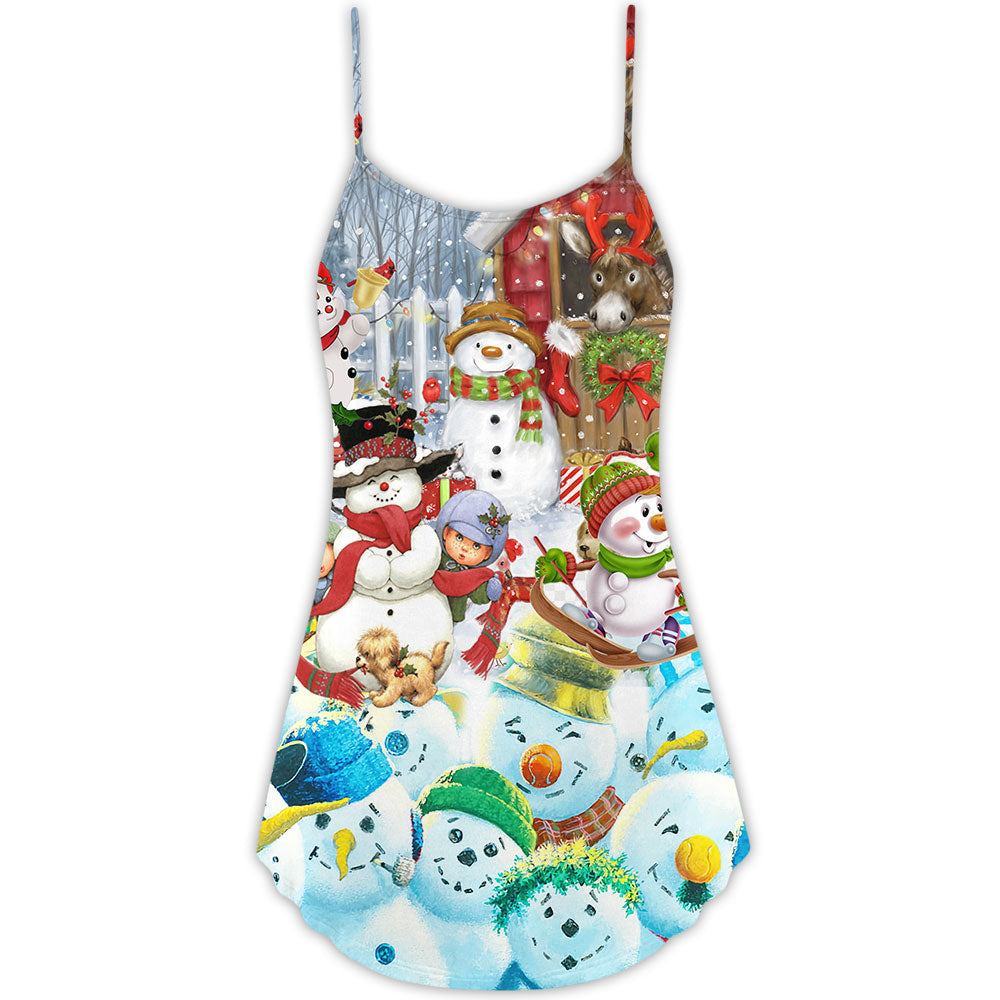 Snowman Happy Farm Holiday V-Neck Sleeveless Cami Dress For Christmas Parties Travel And Bright Seasonal Fashion