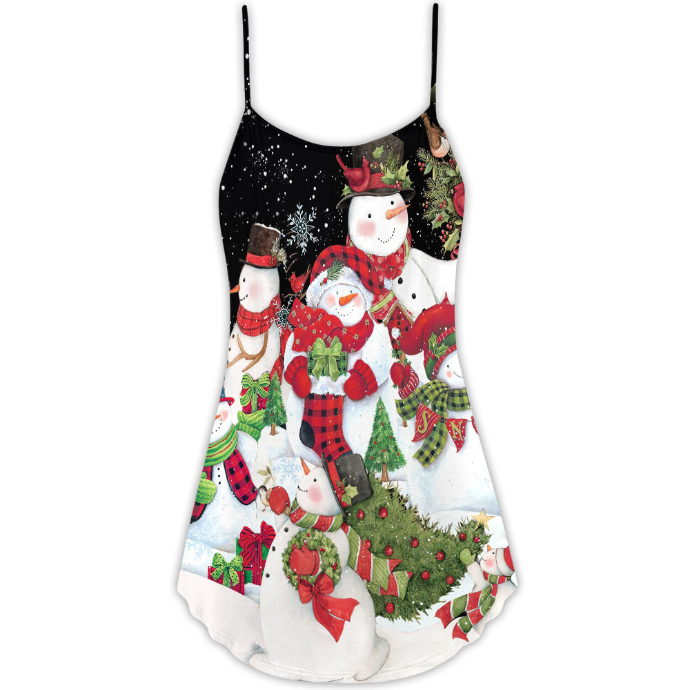 Cute Snowman Cardinal V-Neck Sleeveless Cami Dress For Holiday Parties And Relaxed Vacation Wear