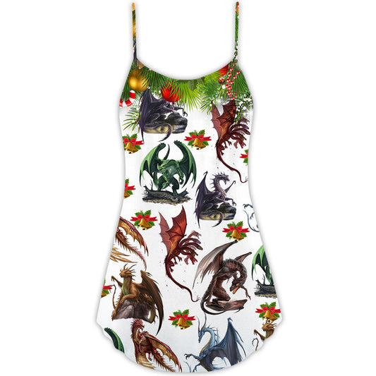 Dragon Merry Christmas Art V-Neck Sleeveless Cami Dress For Festivals Travel And Relaxed Casual Summer Wear