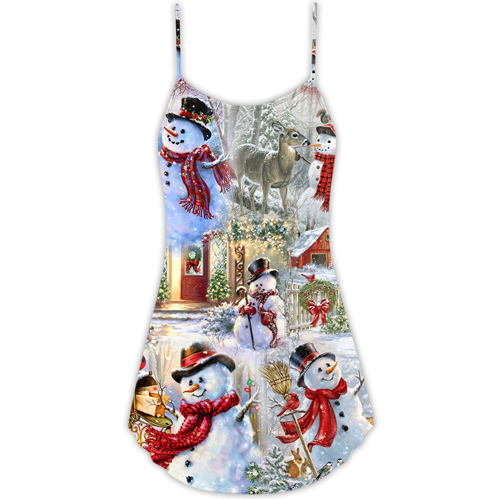 Snowman Merry Christmas V-Neck Sleeveless Cami Dress For Holiday Parties And Relaxed Vacation Wear