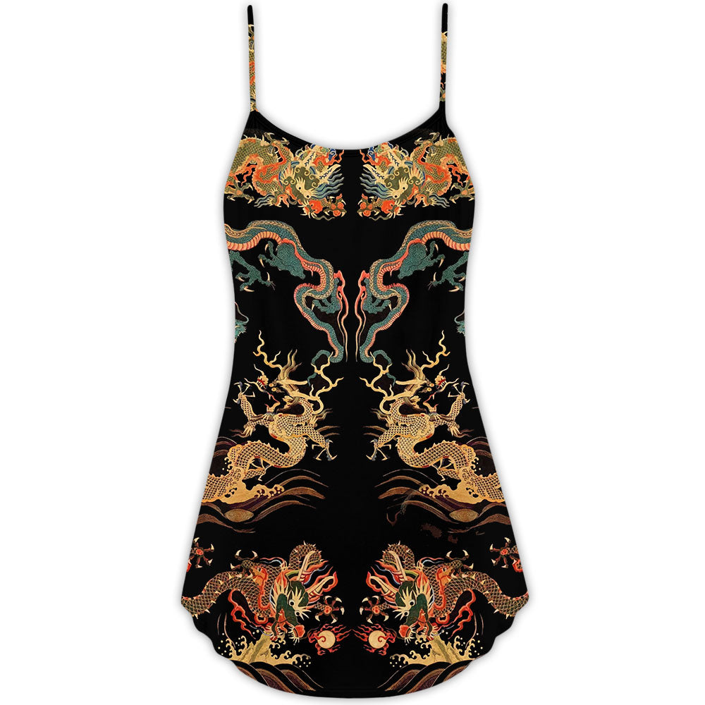 Royal Asian Dragon Art V-Neck Sleeveless Cami Dress For Fantasy Festivals Parties And Bold Summer Styling