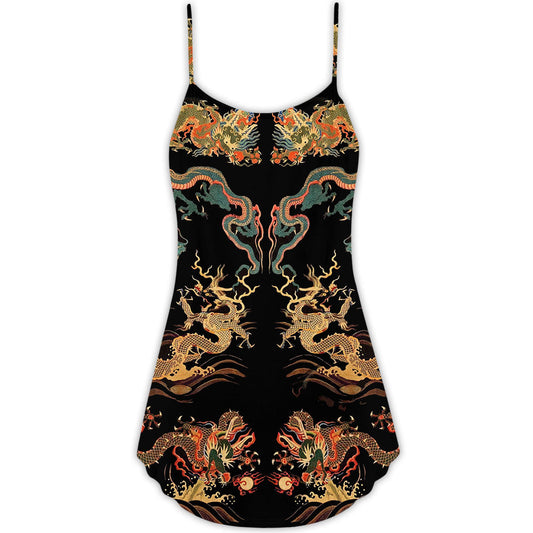 Royal Asian Dragon Art V-Neck Sleeveless Cami Dress For Fantasy Festivals Parties And Bold Summer Styling