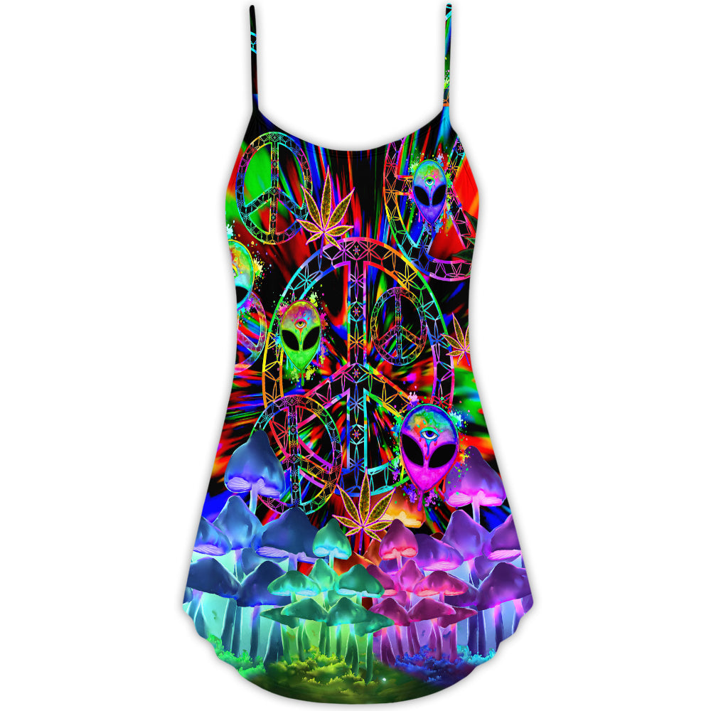 Hippie Alien Peace Colorful V-Neck Sleeveless Cami Dress For Festivals Travel And Relaxed Casual Summer Wear