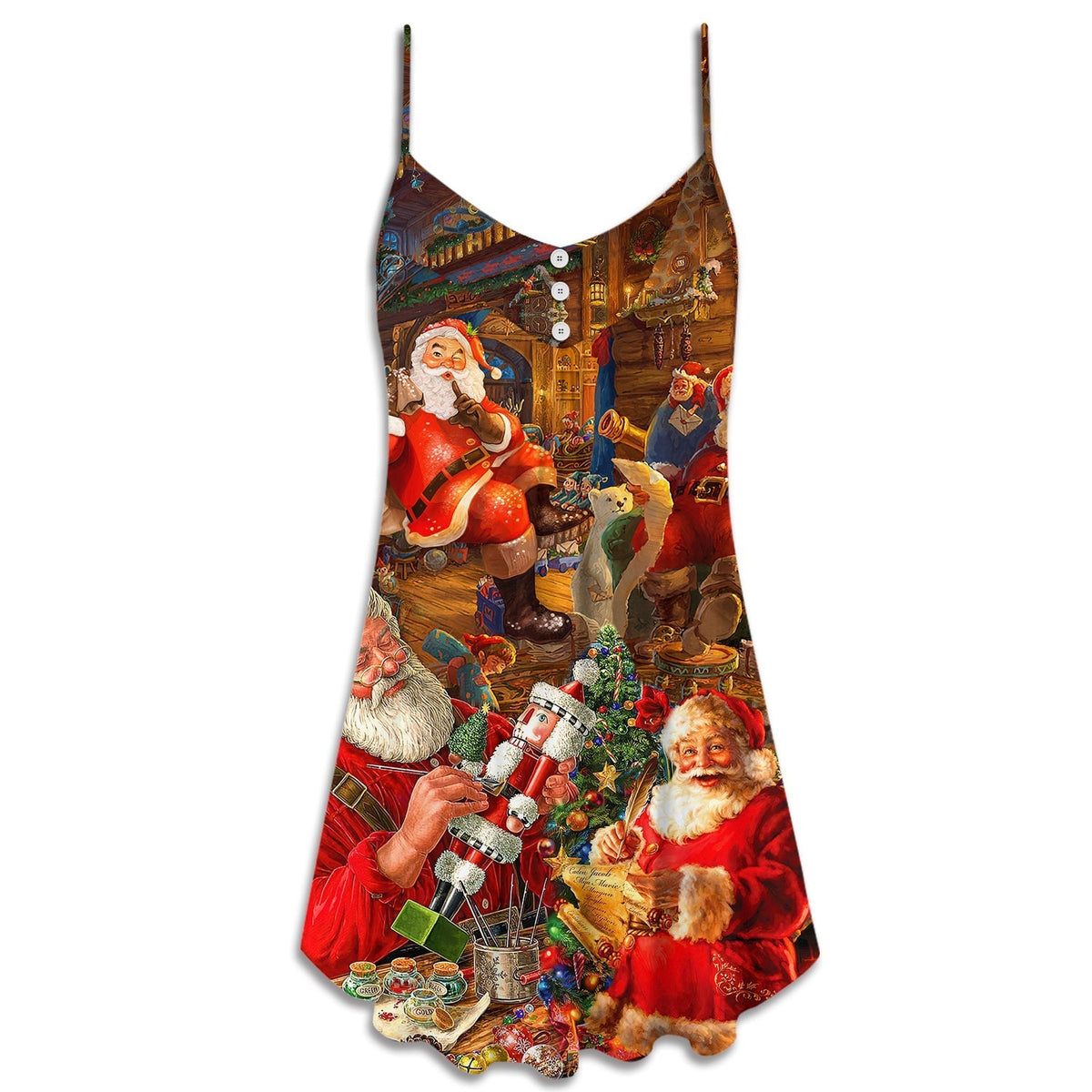 Christmas Santa On Rooftop Art V-Neck Sleeveless Cami Dress For Festive Events And Casual Summer Styling