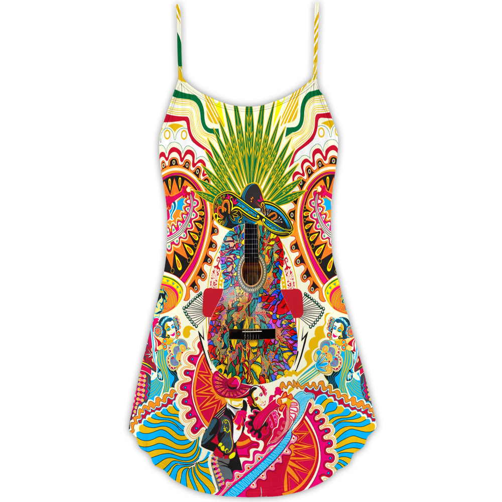 Hippie Peace Love Guitar V-Neck Sleeveless Cami Dress For Summer Vacations Festivals And Casual Everyday Wear