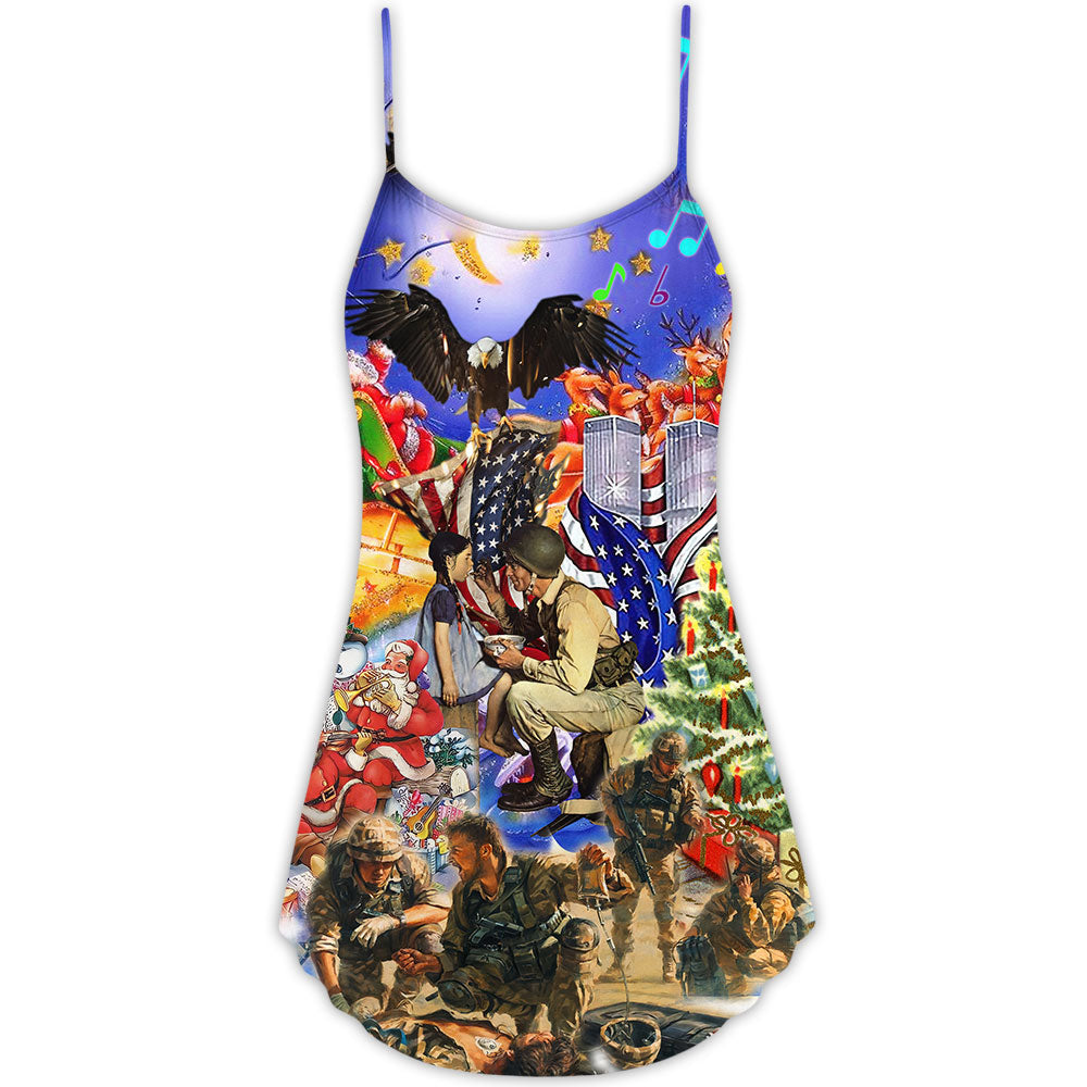 Veteran Christmas Merry Holiday V-Neck Sleeveless Cami Dress For Festivals Travel And Relaxed Casual Summer Wear