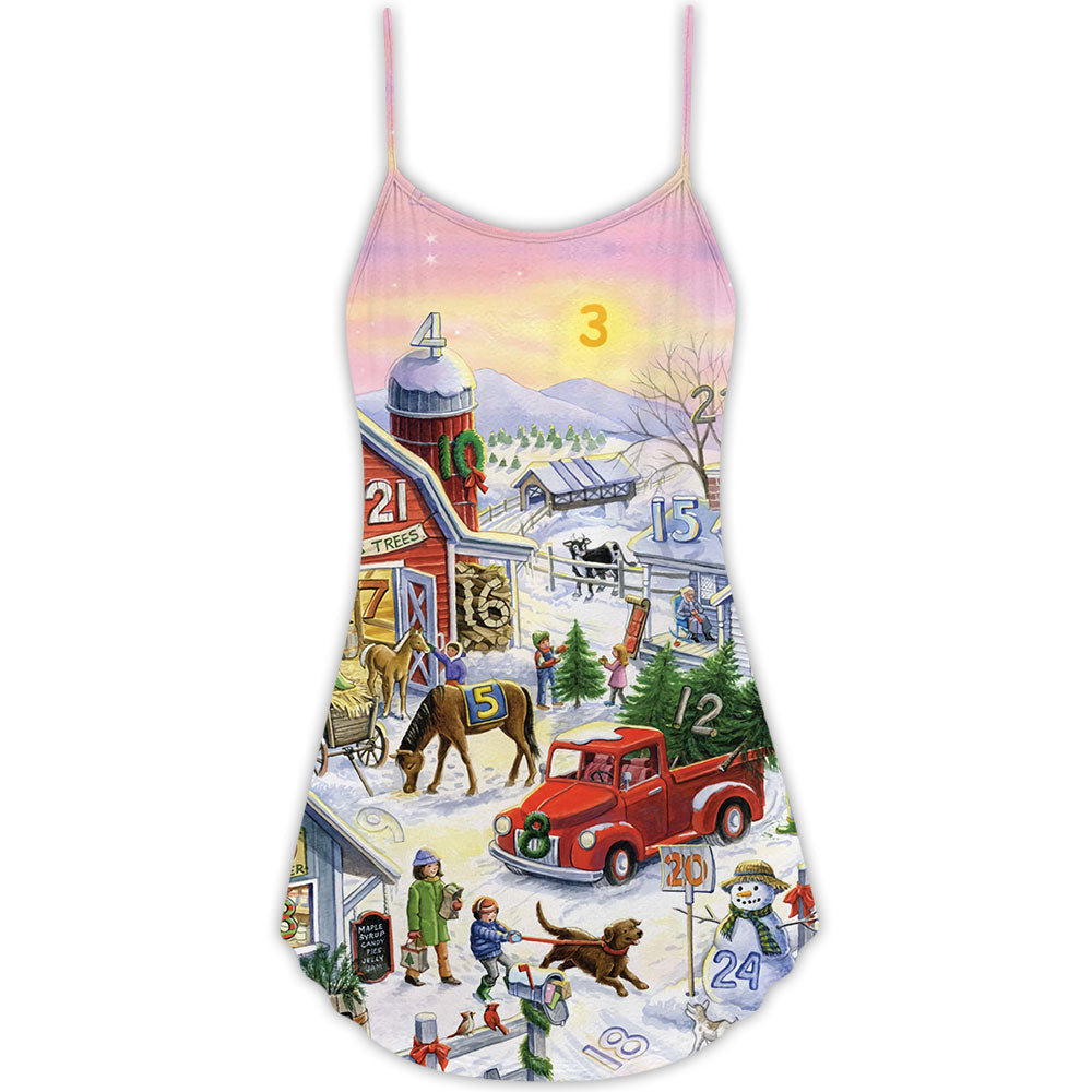 Farm Life Art Merry Christmas V-Neck Sleeveless Cami Dress For Festivals Travel And Relaxed Casual Summer Wear