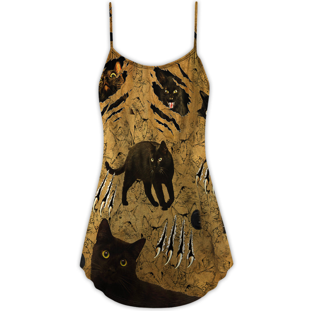 Black Cat Put Your Paws Up V-Neck Sleeveless Cami Dress For Festivals Travel And Relaxed Casual Summer Wear