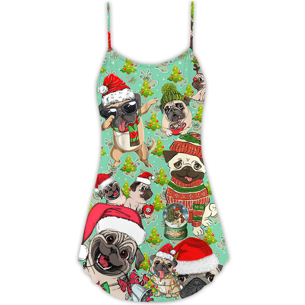 Pugmas Santa Merry Christmas Snow V-Neck Sleeveless Cami Dress For Vacations And Casual Warm Weather Wear