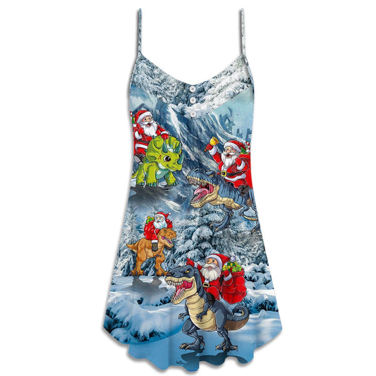 Christmas Santa Riding Dinosaur Tree Gifts V-Neck Sleeveless Cami Dress For Summer Events And Comfortable Everyday Style