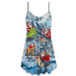 Santa Riding Dinosaur Tree Lights V-Neck Sleeveless Cami Dress For Holiday Parties And Relaxed Vacation Wear