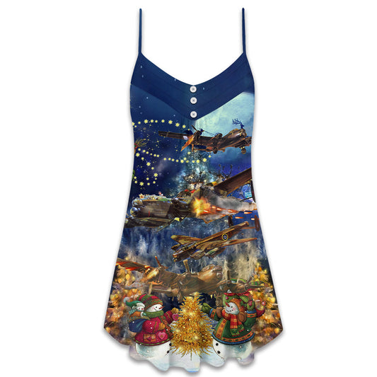 Combat Aircraft Merry Christmas Night – Women's Summer Sleeveless V-Neck Camisole Dress